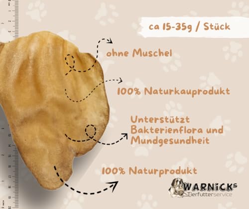 Warnick´s Tierfutterservice Hundesnack - Rinderohren ohne Muschel 50 STK – luftgetrocknet & ohne Zusätze - Zahnpflege & artgerechter Kauspaß für Hunde - 50 Stück im Vorratspack.
