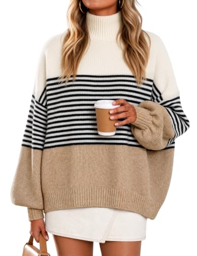 ZESICA Women's Fall Winter Long Sleeve Turtleneck Oversized Sweaters Khaki