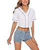 Mowbeat Womens Baseball Jersey Button Down T-Shirts Short Sleeve V-Neck Crop Top Blouse Softball Button Up Jersey, White, Small #5