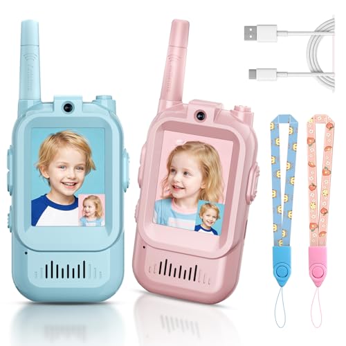 Image of Video Walkie Talkies for Kids, Handheld 2 Pack Rechargeable Video Intercom Kids Walkies Talkies, Indoor Outdoor Toys for Family Games, Outside, Camping, Hiking for Boys Girls Ages 3-12 (Blue/Pink)