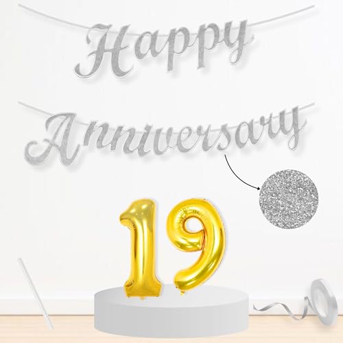 Image of Flyloons 19th Happy Anniversary Banner Silver Decorations Kit for Men Women Wedding Anniversary Banner Items without Balloons