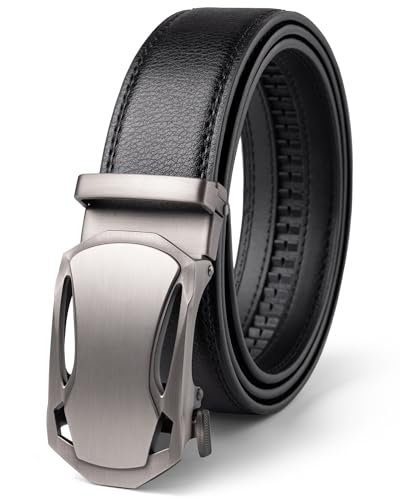Ratchet Belt for Men Black Leather Belts for Jeans Pants Adjustable 1.38