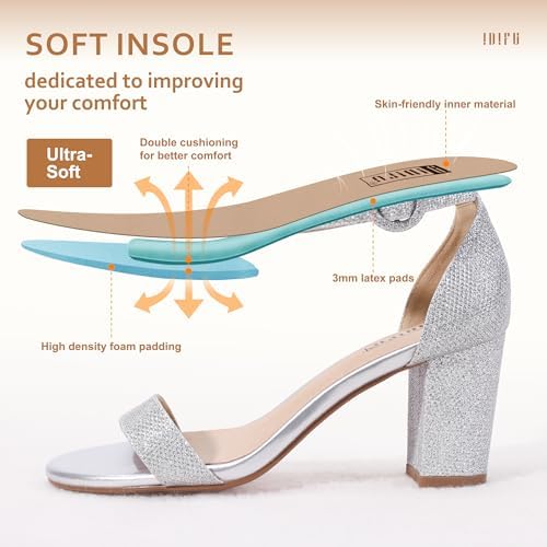 IDIFU Women IN3 Amy Block Heel Dress Sandals Open Toe Wedding Prom Homecoming Shoes for Bride Bridesmaid Ladies with Round Buckle (Silver Glitter, 12 M US) | Image 1