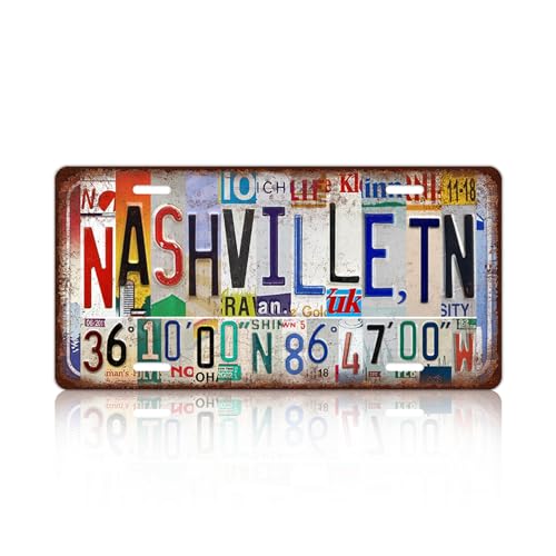 Vintage City License Plate Nashville,Tn Wall Decor Metal Tin Sign for Bar Home Bedroom 12 x 6 Inches （Including latitude and longitude）