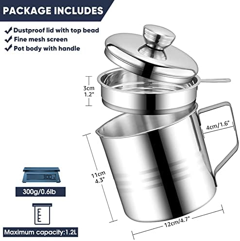 Chihee Oil Strainer Pot Grease Can, 1.2 L Stainless Steel Oil Storage Can Container with Fine Mesh Strainer, Suitable for Storing Frying Oil and Cooking Grease