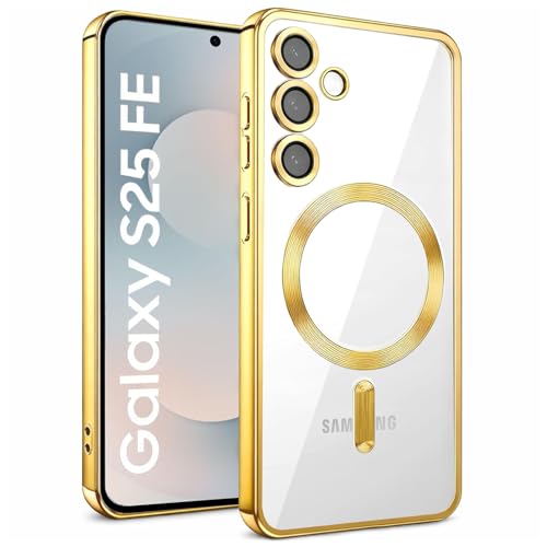Image of VONZEE Clear Logo Electroplating Transparent Case for Samsung S25 FE 5G, Magnetic Plating [Support for MagSafe Charger] Electroplate TPU Cover, Individual Camera Protection for Each Lens - Gold