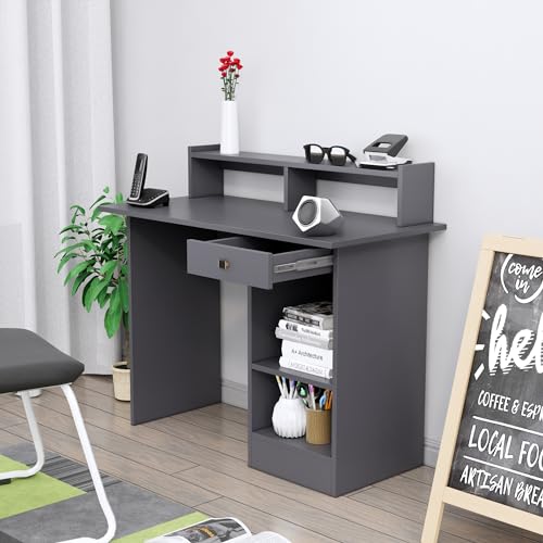 Image of Bniture Wooden Study Table for Home | Engineered Wood Study Table with Book Shelf | Multi Purpose Computer Desk for Study & Writing | Laptop Table for Home with Drawers & Storage Shelf | Slate Grey