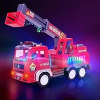 MPQMPQ Fire Engine Toys for Kids - 3 4 5 6 Year Olds Boy Fire Truck Toys with Music & Light, Rotating, Obstacle-avoiding Large Electric Fire Engine Toddler Indoor Toy (Ladder Fire Truck)
