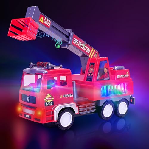 Feuerwehrauto Spielzeug für Kleinkinder ab 3 4 5 Jahren, 4D LED Licht Feuerwehr Spielzeug, Drehbare, Hindernisse vermeidende Groß Elektrisch Feuerwehrfahrzeuge, Geschenk für Kinder Jungs Mädchen
