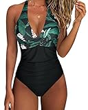 SUUKSESS Women Sexy Tummy Control One Piece Swimsuits Halter Push Up Monokini Bathing Suits (Tropical Floral Black, M)