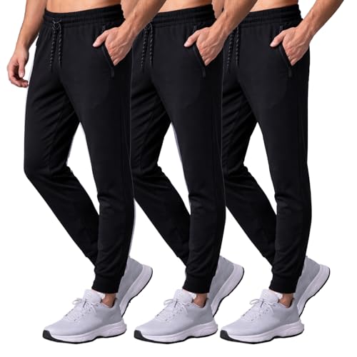 SUGARNO Men's Jogger Sweatpants with Zipper Pockets 3 Pack Track Joggers Workout Gym Sweat Pants for Men(Small)