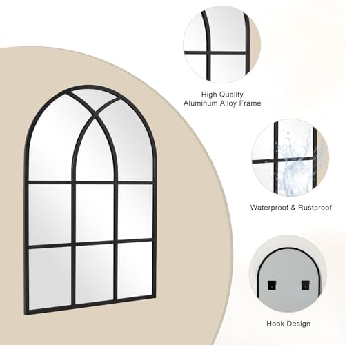 Image of Arched Window pane Wall Mirror 24 inchx36 inch, Window Shaped Farmhouse Style with Aluminum Frame, Decorative Wall Mirror Leaning Hanging for Living Room, Courtyard, Bedroom, Entryway, Black