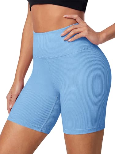 Aoysky Womens High Waisted Ribbed Knit Biker Shorts 5 Tummy Control Squat Proof Workout Shorts for Yoga Running Gym Light Blue