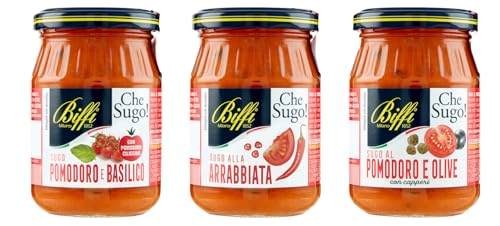 Biffi - Mix Sughi Rossi - Sugo Con Pomodoro e Basilico 190g - Sugo alla Arrabbiata 190g - Sugo al Pomodoro e Olive, con Capperi 190g - Multipack - 3 vasetti da 190g