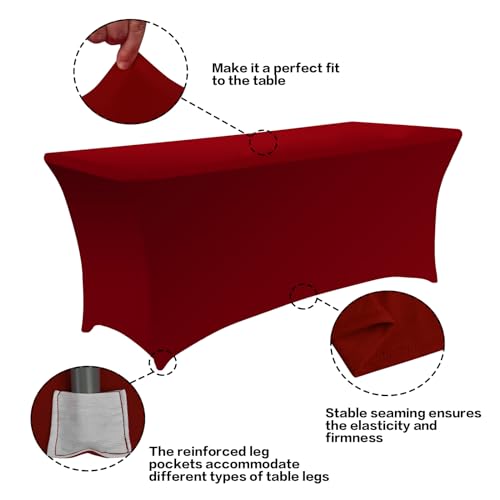 Image of IVAPUPU 2 Pack 4FT Table Cloth for Rectangular Fitted Events Stretch Burgundy Table Covers Washable Spandex Tablecloth Protector for Party, Wedding, Cocktail, Banquet, Festival