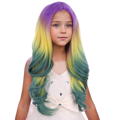 Image of PATTNIUM Mardi Gras Wig for Girls Kids Purple Yellow Green Ombre Wig Long Multi Color Wavy Curly Wigs Children Colorful Middle Part Synthetic Wigs