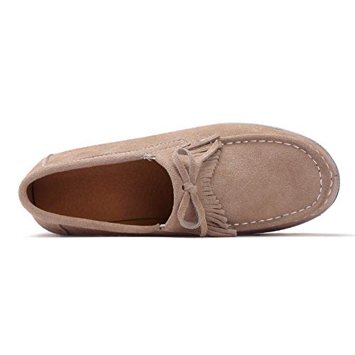 Ruiatoo Women Platform Slip On Loafers Comfort Genuine Suede With Tassel Wedge Shoes Low Top Moccasins Khaki 37 #TOP2