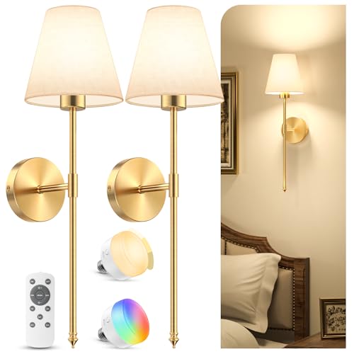 VOLISUN 5200mAh Battery Operated Wireless Wall Lights Set of 2, 60CM Rechargeable Wall Lights with Dimmable Detachable Bulbs and Remote, 12-Color Wall Sconce Lighs for Bedroom Living Room(Gold)