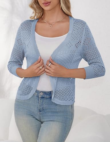 Image of REDHOTYPE Women's 3 /4 Sleeve Cardigan Open Front Cropped Shrugs Summer Hollowed Lightweight Cardigans Sweater (S-XL)