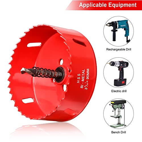 90mm Hole Saws Cutter, HSS Bi-Metal Drill Bit for Wood Plastic, UPVC, Fiberglass and Plasterboard, Red - Image 3