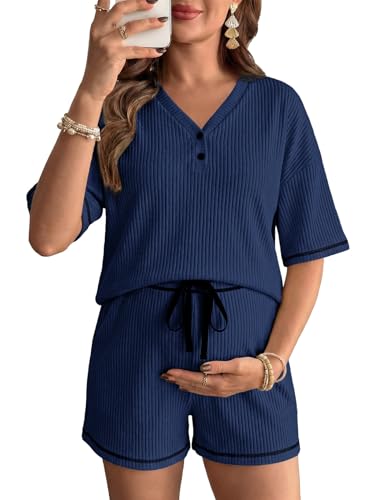 BLENCOT Womens Maternity V Neck Button Nursing Pajamas Set Short Sleeve Breastfeeding Shirts Pregnancy Shorts 2 Piece Nursing PJS Navy Blue L