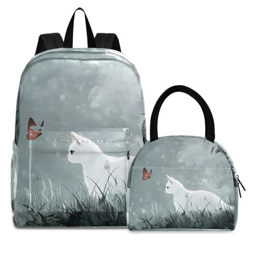 Backpack Lunch Bag Set Cat with Butterfly Print, Big Storage Travel Backpacks with Insulated Lunch Box for Office Hiking Picnic