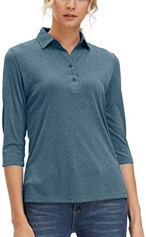 Women's 3/4 Sleeve Polo Shirts Moisture Wicking Performance Knit Tops Fitness Workout Running Sports Leisure T-Shirt (Navy Blue,L)