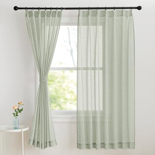 NICETOWN レースカーテン 麻風 タイプ-3 遮像 リネン風 減光 目隠し 色織 無地 日焼け防止 お飾り 和室 ナチュラル おしゃれ 掃き出し窓 幅100cm 丈178cm グリーン
