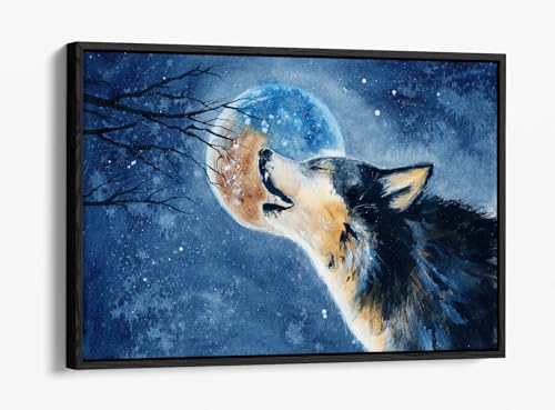 Toile loup hurlant à la lune grand cadre noir pour habiller un mur vide