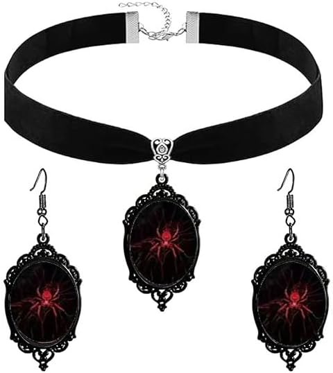 Gothic Spider Cameo Earrings Necklace Set for Women Victorian Halloween Punk Velvet Choker Dangle Earrings Mystery Dark Fantasy Witch Vintage Jewelry Accessories