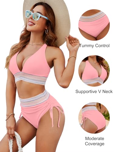 Image of Blooming Jelly Women High Waisted Bikini Sets Tummy Control Swimsuits Color Block Two Piece Drawstring Bathing Suit