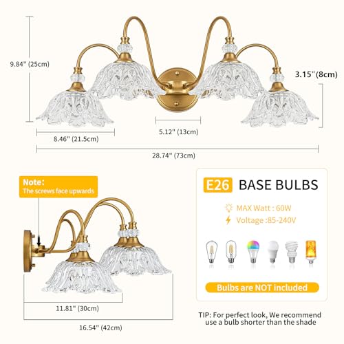Image of Vintage Matte Brass Finish Bathroom Vanity Light, 4-Light Vanity Light with Floral Glass Shades, Retro Wall Mount Lighting for Bathroom, Dressing Table