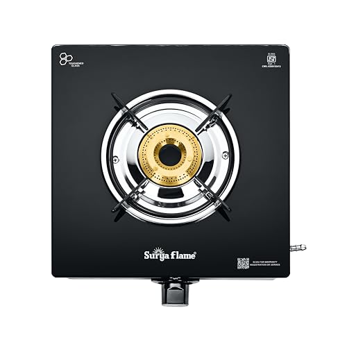 Image of Surya Flame Maestro 1-Burner Gas Stove, Toughened Glass Top, Manual Ignition, Tri-Pin Brass Burner, 69%+ Efficiency, Black