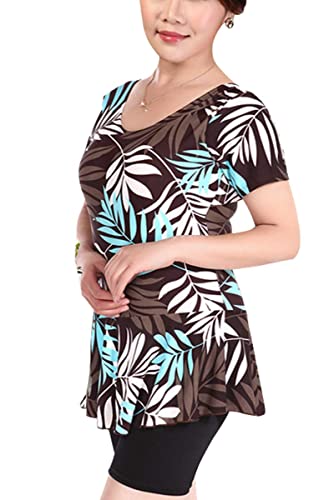 Women's One Piece Swim Dress Modest Swimsuit Floral Leaf Print Short Sleeve Swimwear4