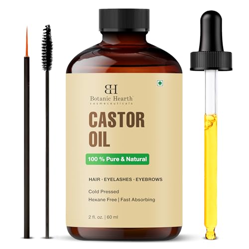 Botanic Hearth Aceite de ricino (2 fl oz) | 100% puro y libre de hexanos | prensado en frío | Promueve el crecimiento para pestañas de ojos, cejas y cabello | Incluye brocha para cejas y pestañas