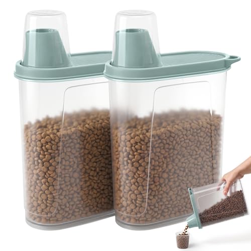 Kerhouze 2er Set Hundefutter Aufbewahrung Luftdichter Tierfutterbehälter mit Messbecher Ausgießer Futterspender für Katzefutter Vogelfutter 2.3L Grau (Cyan)