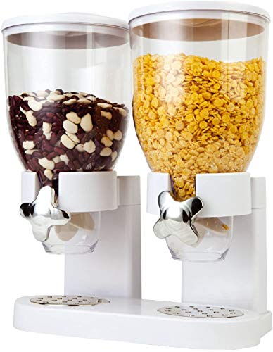 Double Plastic Classic Dry Food Cereal, Dry Fruits, Rice Grains, Dry Pasta Double Dispenser Canister, Transparent Air Tight Cover Keeps Food Fresh & Great for Portion Control (White)