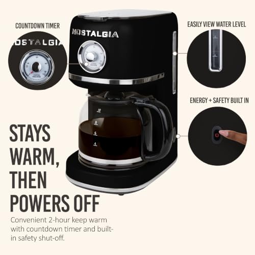 Image of Nostalgia Classic Retro 10 Cup Coffee Maker - One-Touch Drip Brew, Reusable Filter - Anti-Drip, Auto Shutoff, & Time Display - Dishwasher Safe 50 oz Carafe - Black