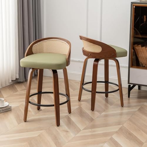 Image of 24.8 inch Swivel Rattan Bar Stools Set of 3,Mid-Century Modern Green Leather Upholstered Counter Height Stools,Kitchen Island Barstools with Rattan Low Backrest,Walnut Wood Finish Bar Chair
