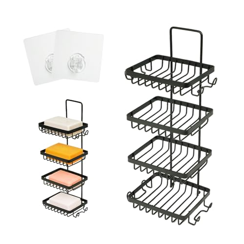 RULA 4 Tier Bar Soap Holder for Shower, Stainless Steel Shampoo Bar Holder with Hooks, Self Draining Soap Caddy for Bathroom, Black