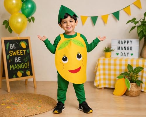Image of Raj Costume Kids Mango Fruit Costume Apron with Cap for Boys & Girls | Cute Yellow Cutout Fancy Dress | Soft Felt Fabric | Role Play Outfit