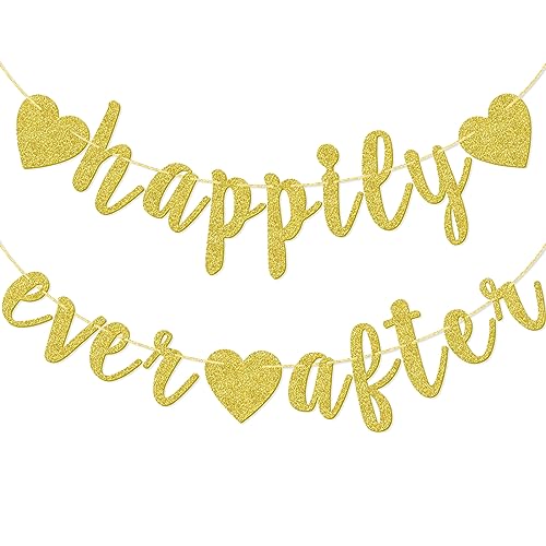Image of Happily Ever After Banner, Glod Glitter Engagement Decoration for Bridal Shower, Wedding Party Photo Booth Props Signs, Pre-Strung Cursive Bunting (Gold)