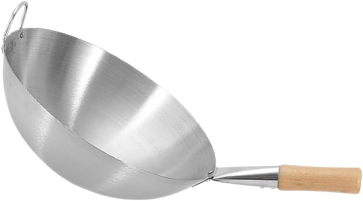 OUNONA Stainless Steel Frying Wok with Wooden Handle Portable Everyday Pan for Stir Fry Thickened Kitchen Cooking Tool Easy to Clean and Carry Suitable for Home and Commercial Use