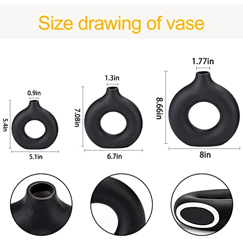 Black Ceramic Vases -for Modern Home Decor,Black Round Vase Set 3 Matte Design Minimalist Nordic Boho Style for Wedding Dinner Table Living Room Office Bedroom, Decorative Gift