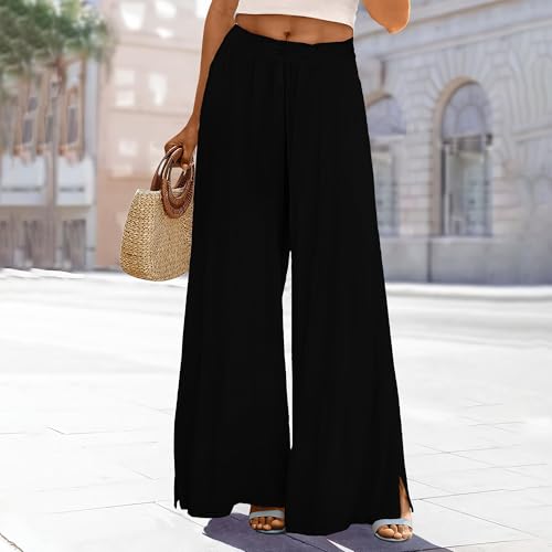 Women's Casual High Waist Wide Leg Pants Summer Solid Color Long Wide Leg Pants Casual Beach Pants with Pockets2