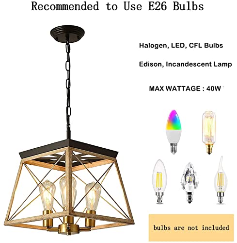 Dcv 4-Light Farmhouse Pendant Light Vintage Chandeliers Wood Industrial Kitchen Lights Ceiling Hanging Adjustable Island Square Light Fixture For Dining Room Foyer Hallway Entryway, Black And Brown #TOP3
