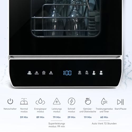 eklipt Mini Geschirrspüler für 3 Gedecke, Tischgeschirrspüler mit 7 Programme mit Trocknungsfunktion, mit/ohne Wasseranschluss Benutzbar, Spülmaschine 4.8L, Touch Control für Wohnmobile Wohnungen