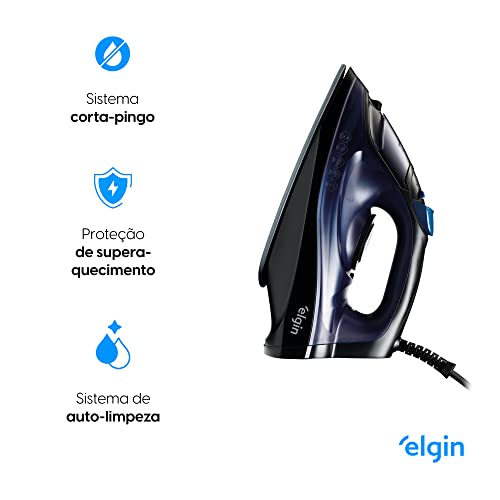 Ferro de Passar a Vapor Iron Glide Elgin Sistema corta-pingo Vapor Turbo Preto e Azul 1200W 110V