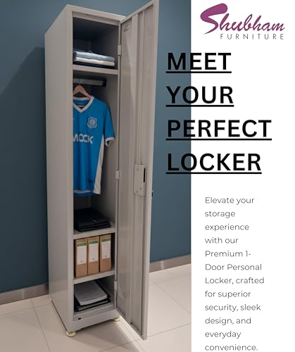 Image of Shubham Furnitures Single Door Steel Locker Cabinet with 4 Shelves & Hanging Rod | Heavy Duty Lockable Storage Cupboard for Office Gym School Factory | Powder Coated 1 Door Metal Locker Light Grey