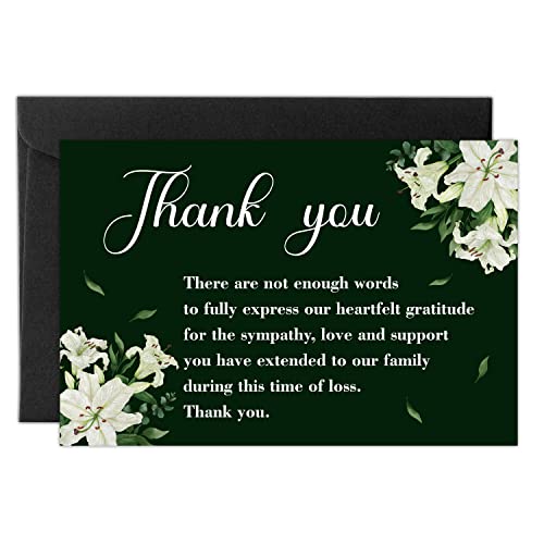 BeYumi Paquete de 50 tarjetas de agradecimiento funerarias con sobres mensaje lirios blancos notas de duelo tarjetas conmemorativas de servicio conmemorativo para funerarios familiares amigos seres Cover